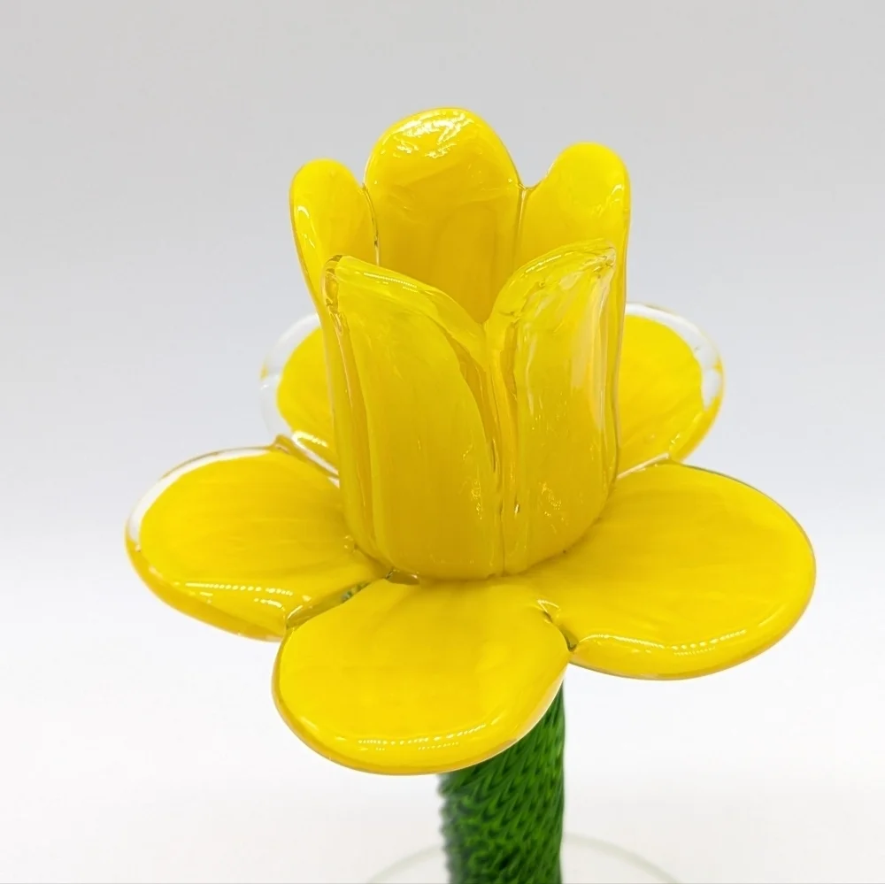 Handblown Yellow Daffodil Green Floral Glass Candlestick Holder